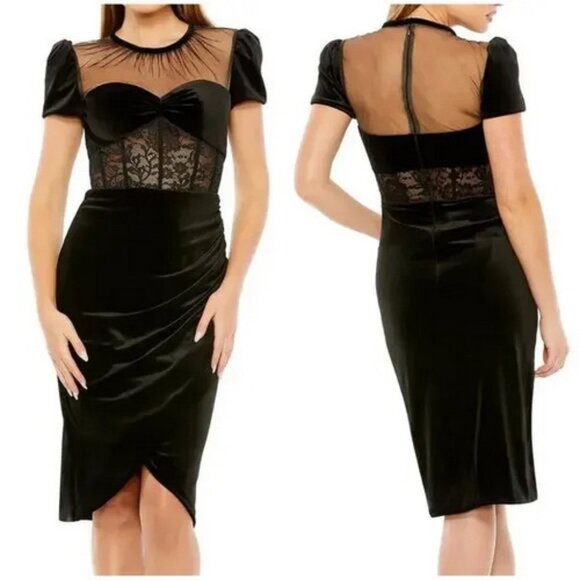 Mac Duggal Black Velvet Sheer Corset Velvet Cocktail Dress